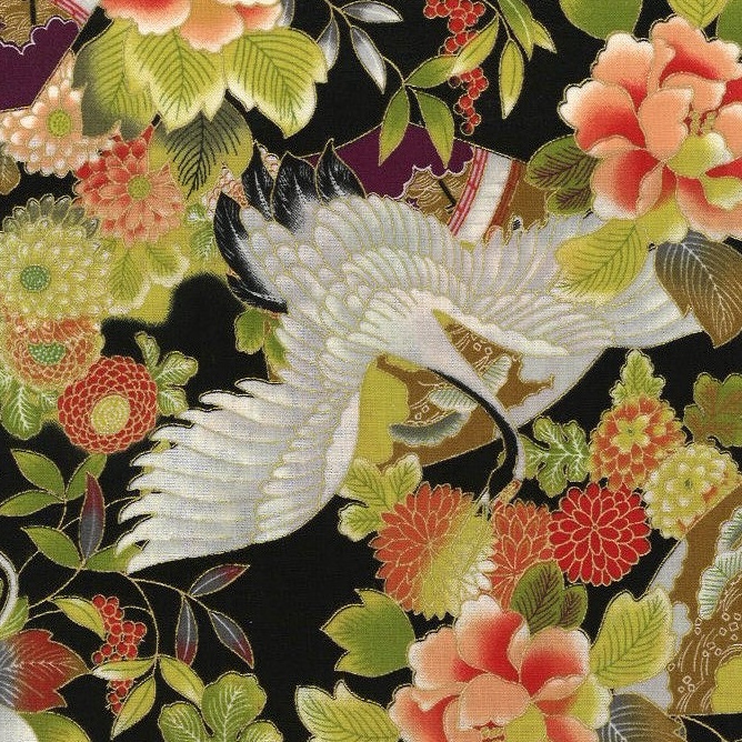 1128BR Gold CRANE japanese pattern cotton wholesale fabric bird 36M(Sevenberry)