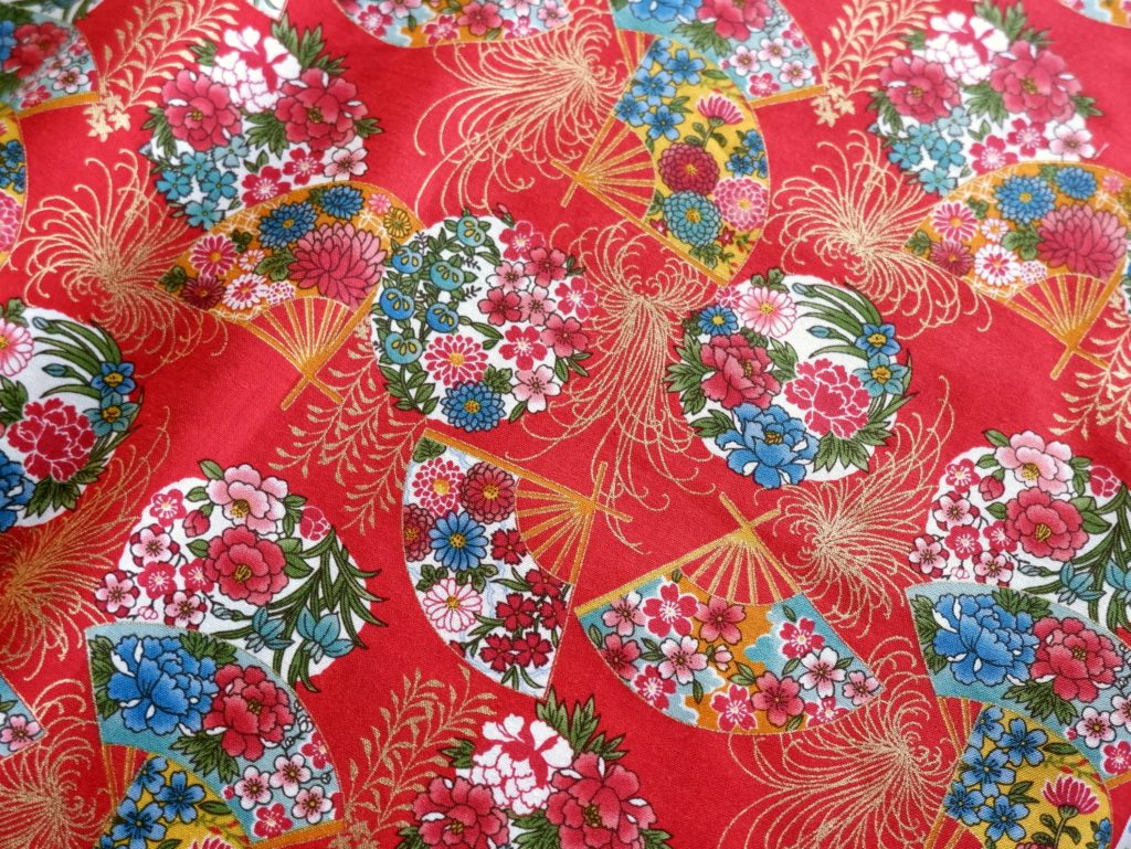 1134BR-D Gold Chrysanthemum floral holding fan japan chiyogami fabric ...