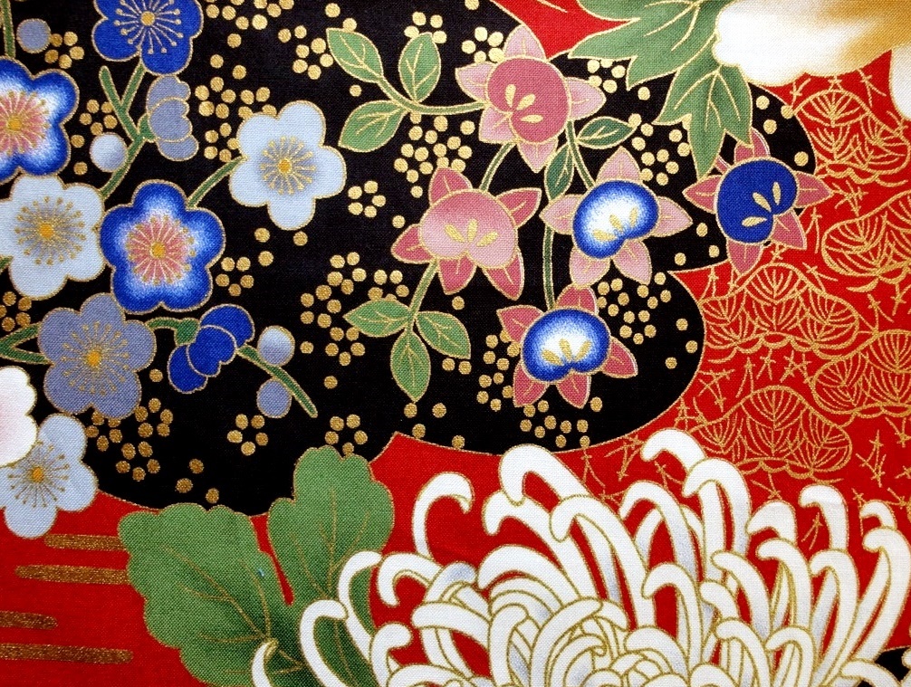 HJ2024 Chrysanthemum peony japanese pattern gold floral fabric 36M
