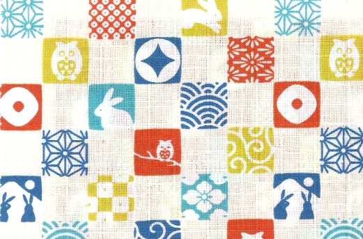 1141BR-B Rabbit Owl checker colorful Japan fabric (Sevenberry)53 M